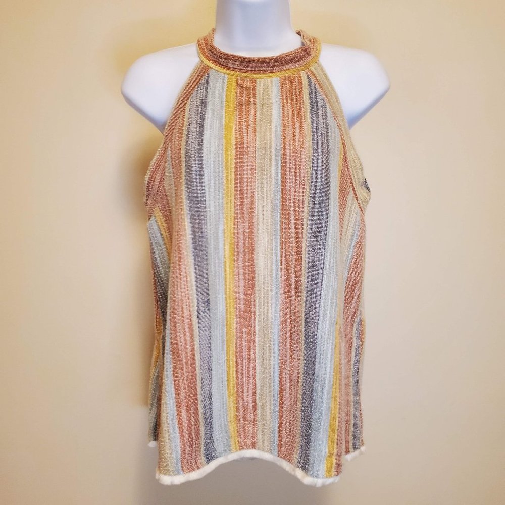 W5 Anthropologie Multi-Color Halter Style Striped Tank with Fringed Hemline - S